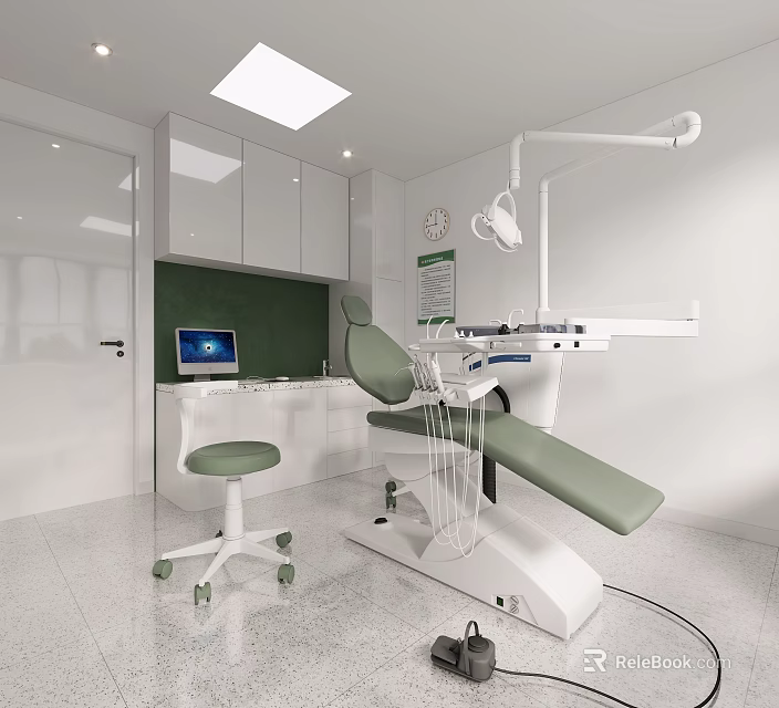 Dental Treatment Room With Green Chair White Cabinets Computer And Medical Equipment 3d model 