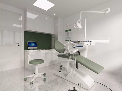 Dental Treatment Room With Green Chair White Cabinets Computer And Medical Equipment 3d model