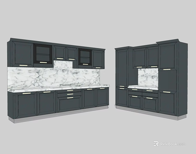 Modern Kitchen Interior With Dark Cabinets And Marble Countertops Backsplash 3d model