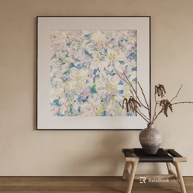 Abstract Floral Painting In Soft Blue White Hanging On Beige Wall With Vase Dried Branches 3d model 