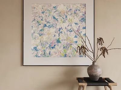 Abstract Floral Painting In Soft Blue White Hanging On Beige Wall With Vase Dried Branches 3d model