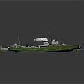 Green Military Warship Sailing on Blue Ocean Waves with Multiple Turrets and Upper Structures