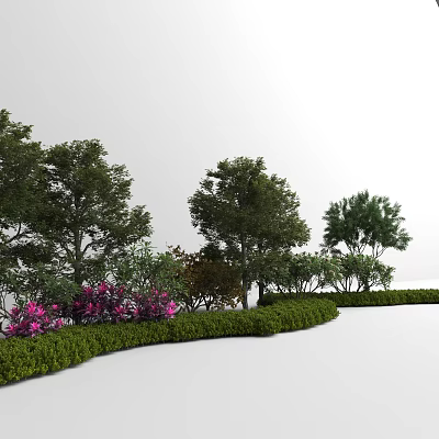 Tall Arbor Trees In Landscaped Garden With Green Hedges And Purple Flowers 3d model
