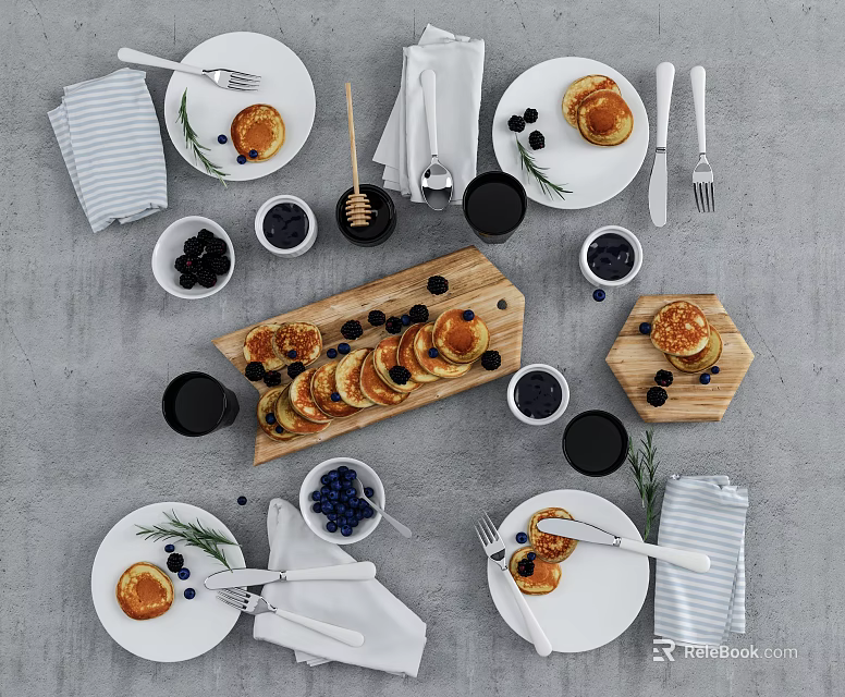 Fluffy Pancakes With Blueberries And Honey On Wooden Board With Plates Utensils And Napkins 3d model 