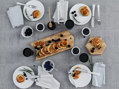 Fluffy Pancakes With Blueberries And Honey On Wooden Board With Plates Utensils And Napkins 3d model