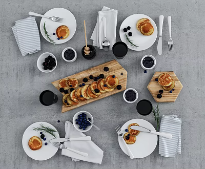 Fluffy Pancakes With Blueberries And Honey On Wooden Board With Plates Utensils And Napkins 3d model