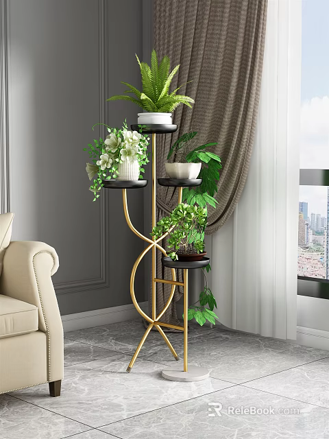 Multi Tiered Gold Metal Plant Stand With Green Plants For Indoor Living Room Decor 3d model 
