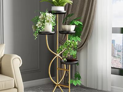 Multi Tiered Gold Metal Plant Stand With Green Plants For Indoor Living Room Decor 3d model