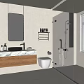 Modern Bathroom Interior With Marble Countertop Wooden Cabinet Black Basin And Mirror