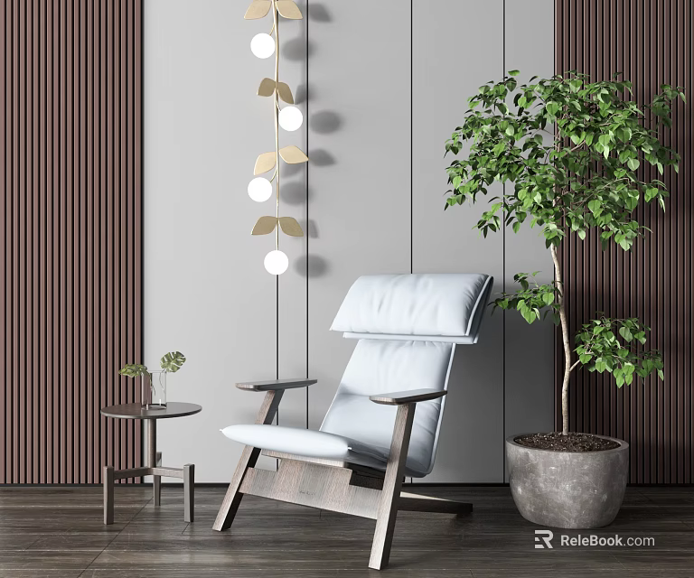 Elegant Modern Single Sofa With Wooden Legs Green Plant Side Table And Light Fixture 3d model 