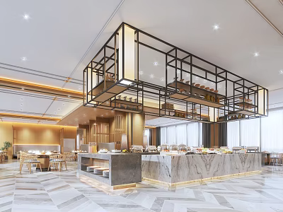Modern Restaurant Interior With Marble Counter Wooden Elements Hanging Light Frames And Large Windows 3d model
