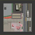Cartoon City Scene with Red Roof Buildings Pink Cherry Blossom Trees and White Street Car