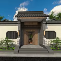 Traditional Detached Villa with Chinese Style Roof Courtyard and Green Trees