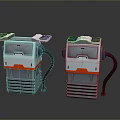 Two Industrial Equipment Units With White Gray Red Green Design Control Panels And Black Hoses