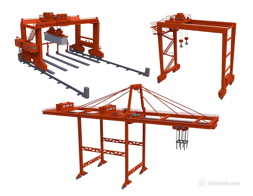Red Industrial Crane Equipment With Various Lifting Structures And Frames 3d model 