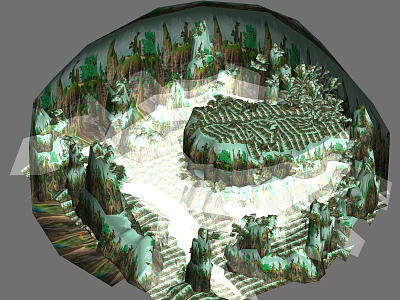 Cartoon Circular Scene With Lush Green Trees Mountainous Rocks And Terraced Landscape 3d model