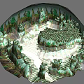 Cartoon Circular Scene With Lush Green Trees Mountainous Rocks And Terraced Landscape