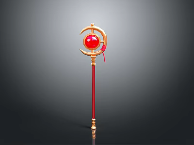Golden Magical Staff With Red Orb Crescent Moon Decoration Red Shaft And Golden Base 3d model