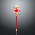 Golden Magical Staff With Red Orb Crescent Moon Decoration Red Shaft And Golden Base