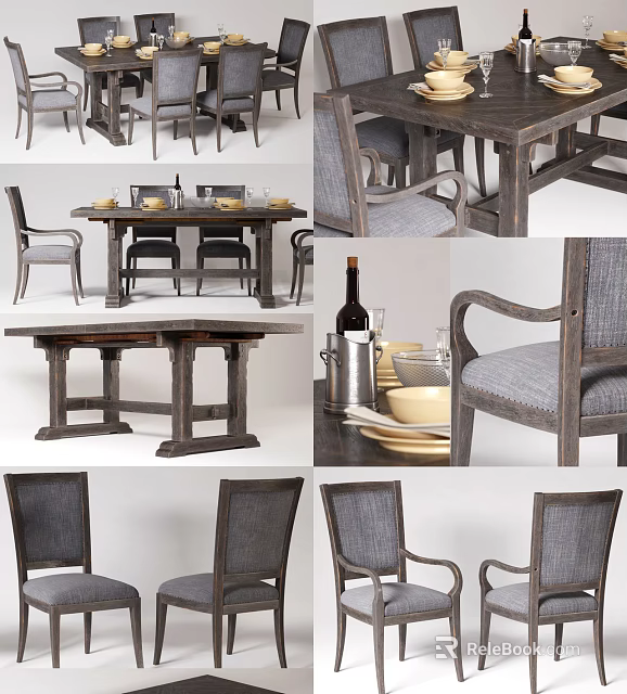 Rustic Wooden Dining Table Set With Gray Upholstered Chairs And Tabletop Dishes 3d model 