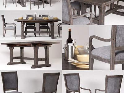 Rustic Wooden Dining Table Set With Gray Upholstered Chairs And Tabletop Dishes 3d model