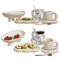 Stylish Pedestal Tableware Set Including Spotted Mugs Bowls Trays With Cookies And Strawberries