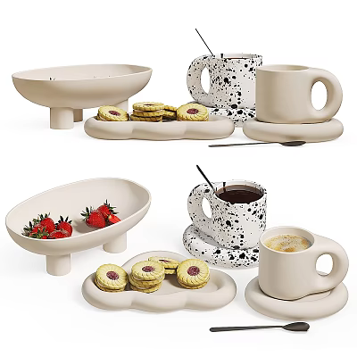 Stylish Pedestal Tableware Set Including Spotted Mugs Bowls Trays With Cookies And Strawberries 3d model