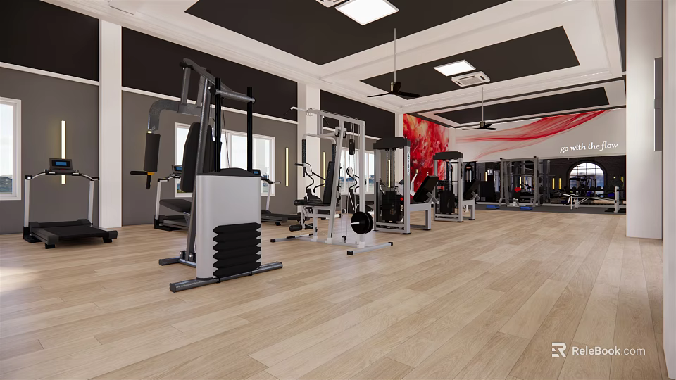 Spacious Fitness Gym Interior With Various Workout Equipment And Wooden Flooring 3d model 