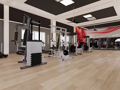 Spacious Fitness Gym Interior With Various Workout Equipment And Wooden Flooring 3d model