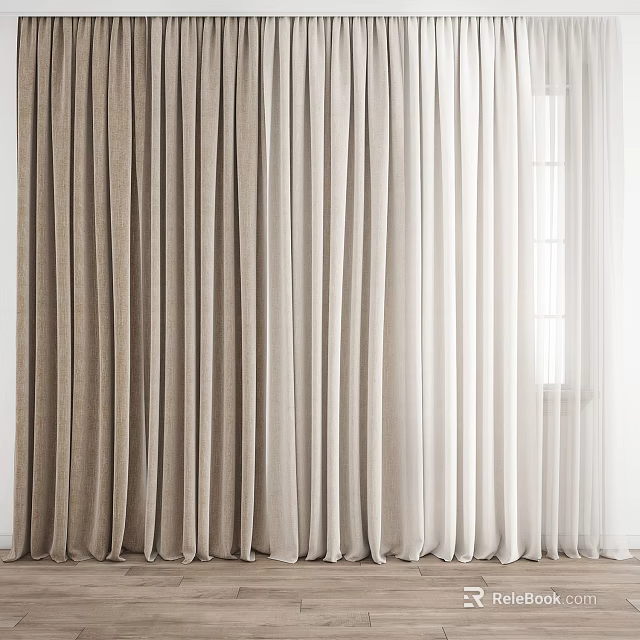 Modern Double Layer Window Curtains With Beige Thick Fabric And White Sheer Panels 3d model