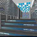 Water Themed Exhibition Hall Interior With Droplet Patterned Walls Blue Ceiling And Stairs