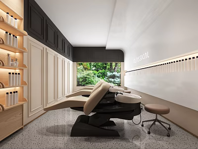 Elegant Modern Beauty Salon Interior With Beauty Bed Stool Shelves And Green Plants 3d model