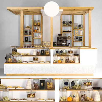 Elegant Modern Wooden Display Shelves with Multiple Tiers Glass Jars and Food Items 3d model