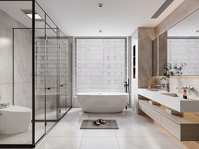 Modern Bathroom Interior With Glass Shower Enclosure White Bathtub Double Vanity And Large Window Blinds 3d model