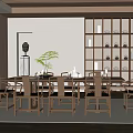 Elegant Modern Restaurant Dining Space With Wooden Tables Chairs Green Plant And Decorative Shelves