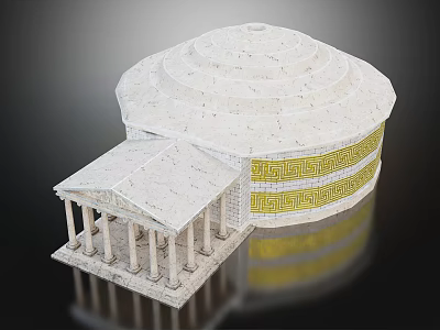 White Architectural Model With Circular Steps Columns And Golden Geometric Frieze 3d model