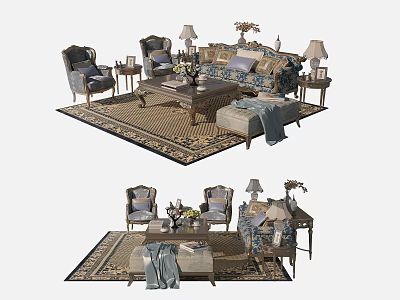 Traditional Sofa And Coffee Table Set With Chairs Rug And Table Lamps 3d model