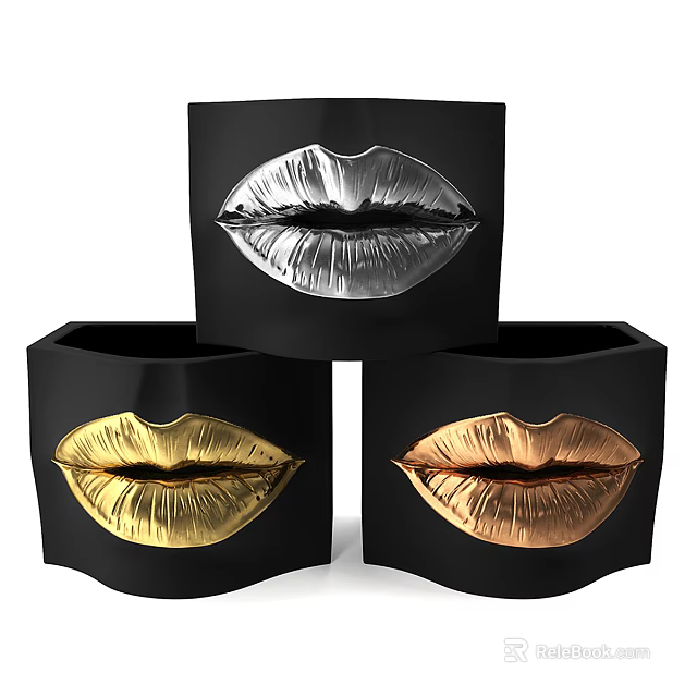 Decorative Ornament Set with Lip Design in Silver Gold Copper Colors and Black Base 3d model 
