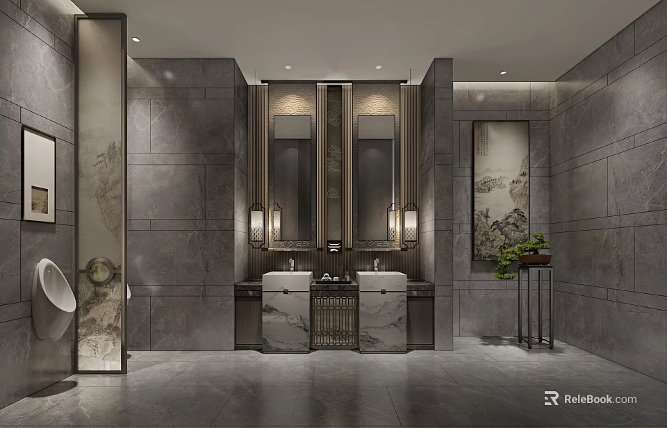 Modern Public Restroom With Gray Walls Marble Sinks Double Mirrors Decorative Paintings And Green Plants 3d model 
