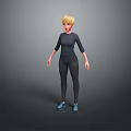 Blonde Haired Woman Wearing Dark Gray Top Tight Pants And Blue Shoes On Gray Background