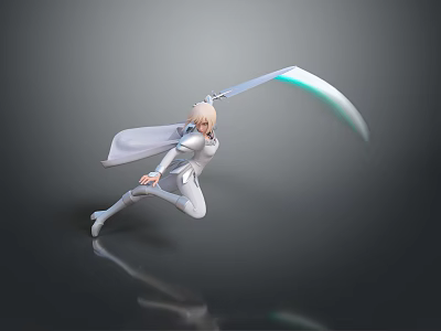 Man Wearing White Clothes Holding a Sword With Green Glow Jumping In Air 3d model