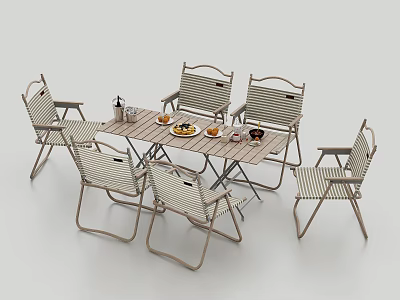 Outdoor Folding Table With Six Woven Chairs Metal Frame And Dinnerware For Patio Dining 3d model