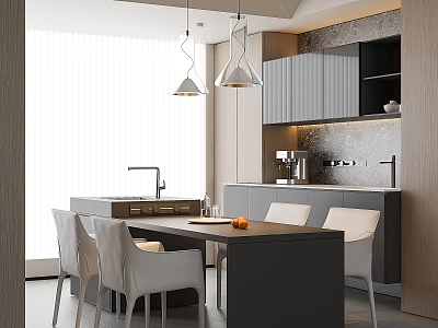 Modern Open Concept Restaurant Interior Design With Dining Table Chairs And Pendant Lights 3d model