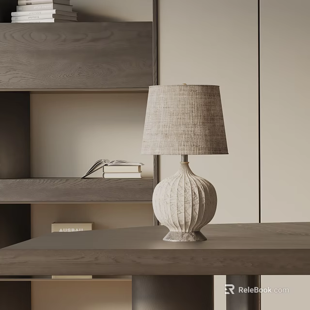 White Textured Table Lamp With Linen Shade On Wooden Table Near Bookshelf 3d model 