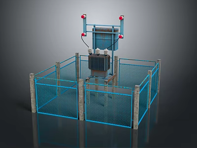 Industrial Equipment Enclosed in Blue Metal Fence With Grid Structure and Red Indicators 3d model