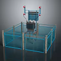 Industrial Equipment Enclosed in Blue Metal Fence With Grid Structure and Red Indicators