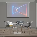 Modern Living Room Interior With Large Screen Neon Geometric Pattern White Table And Chairs
