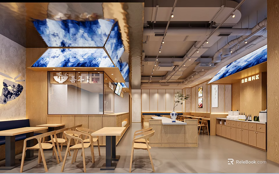Modern Hotpot Restaurant Interior Design With Open Kitchen Wooden Tables And Ceiling Decorations 3d model 