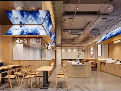 Modern Hotpot Restaurant Interior Design With Open Kitchen Wooden Tables And Ceiling Decorations 3d model