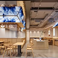 Modern Hotpot Restaurant Interior Design With Open Kitchen Wooden Tables And Ceiling Decorations